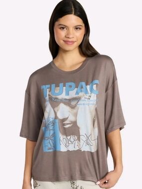 Graphic Tupac Short-Sleeve Tee - Taupe with Light Blue Print
